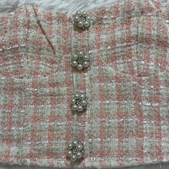 SHEIN Pink and Cream Tweed Bustier WOMENS SIZE XS BEAUTIFUL PEARL BUTTONS NWT - Picture 2 of 8